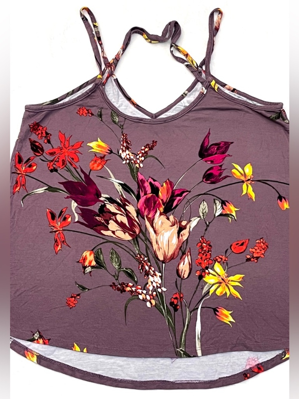 Papermoon Women’s Mauve Floral Print Purple Yellow Spaghetti Strap Tank Top - Picture 15 of 16